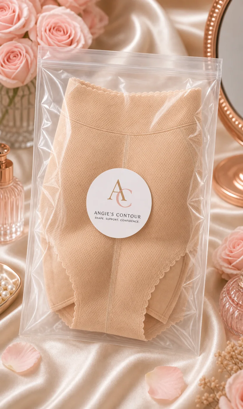 Padded Butt Panty Boyleg Shorts beige soft plastic packaging mockup with Angie's Contour sticker