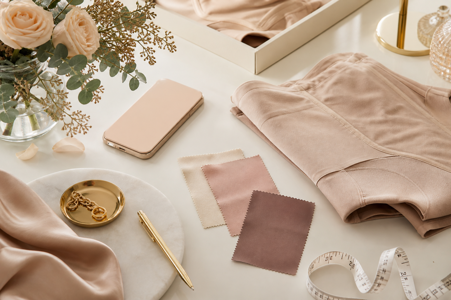 Boutique customer care flat lay with contour essentials, fabric swatches, and gold details